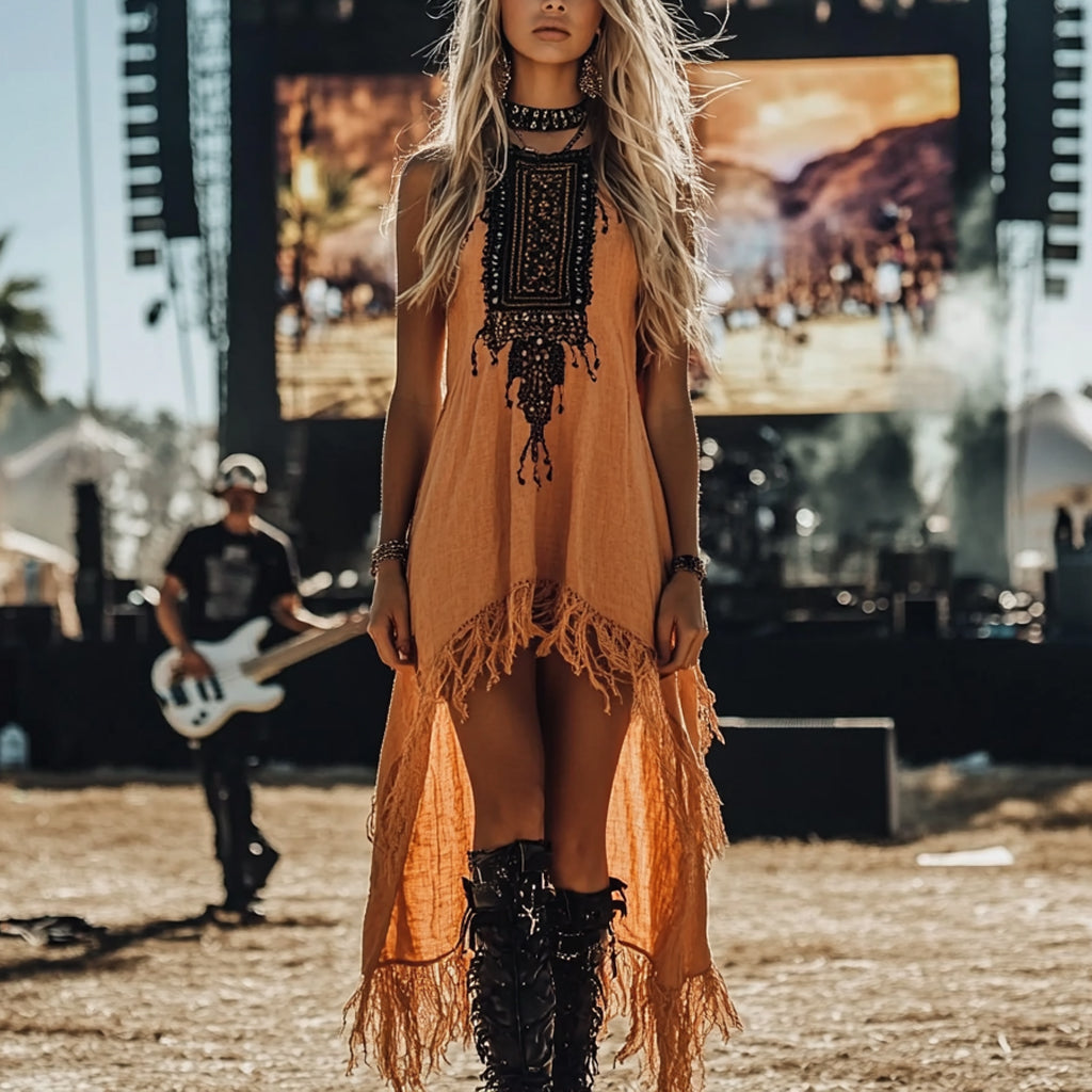Country Concert Outfit Music Festival Rock Party Vintage Wilderness Ethnic Style Linen Tassel Lace Suspender Dress
