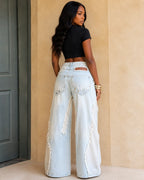 High-Waisted Distressed Denim Maxi Skirt with Corset Belt - Y2K Patchwork Design