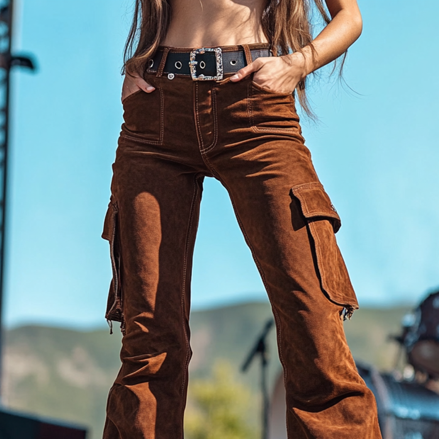 Women's Brown Corduroy Flare Pants With High Waist And Cargo Pockets