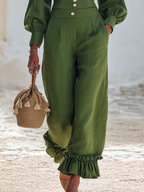 Resort-style Square-neck Long-sleeve Top And Cropped Pants Set