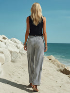 Casual Vacation Black Cotton Linen Sleeveless Vest And Black And White Vertical Striped Wide-Leg Pants Set