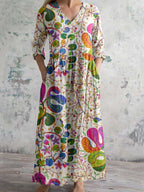 Women's V-neck  Abstract Art Floral Pattern Collar Cotton Dress With Pockets