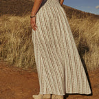 Western Spring Outfits Cotton Blend Floral Stripe Maxi Skirt With Button Front And High Slit For Boho Style