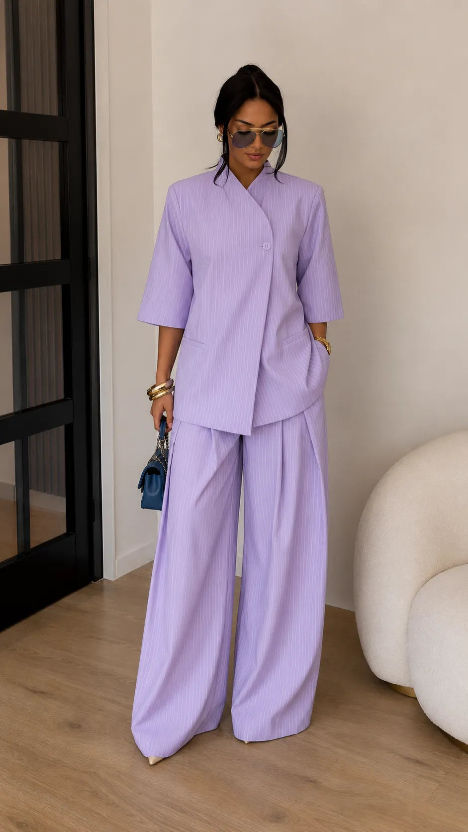 Minimalist Cross-Front Blazer Set - Oversized Linen Blend Jacket & High-Waisted Wide Leg Pants Co-ord