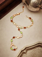 Western Accessory — Multicolor Gemstone Gold Chain Slave Bracelet Finger Ring