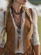 Faux Suede Fringe Vest - Boho Western Style Sleeveless Jacket For Women
