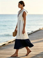 Women's Long Dress With Contrasting Trim – Elegant Sleeveless Two-Tone Pleated Maxi Dress With Hooded Collar