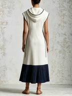 Women's Long Dress With Contrasting Trim – Elegant Sleeveless Two-Tone Pleated Maxi Dress With Hooded Collar