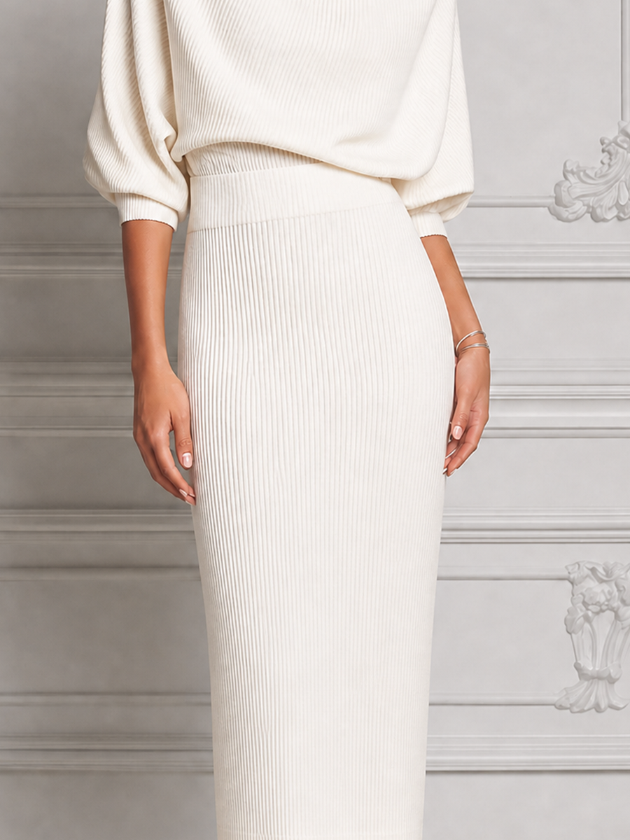 White Dress Stockholm Style Ribbed Knit Turtleneck Pencil Midi Dress