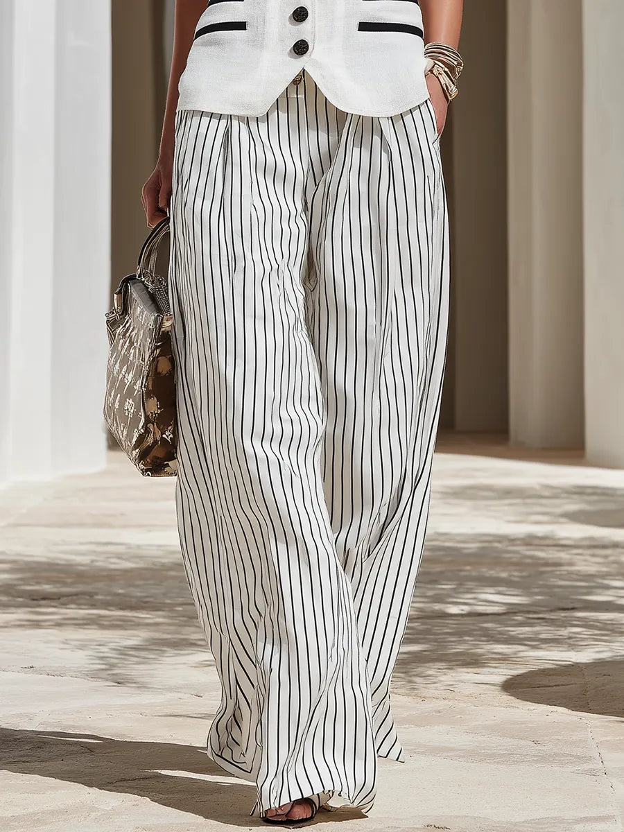 Resort-style Sleeveless Vest And Striped Trousers Set