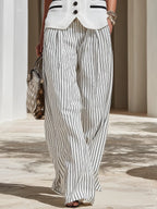 Resort-style Sleeveless Vest And Striped Trousers Set