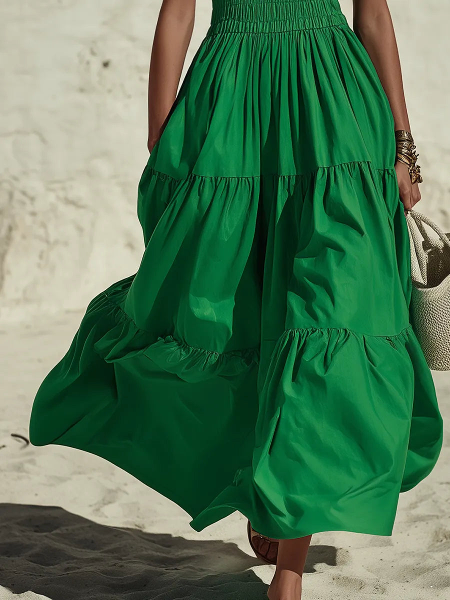 Coastal Chic Sleeveless Ruffled Green Cotton Maxi Dress