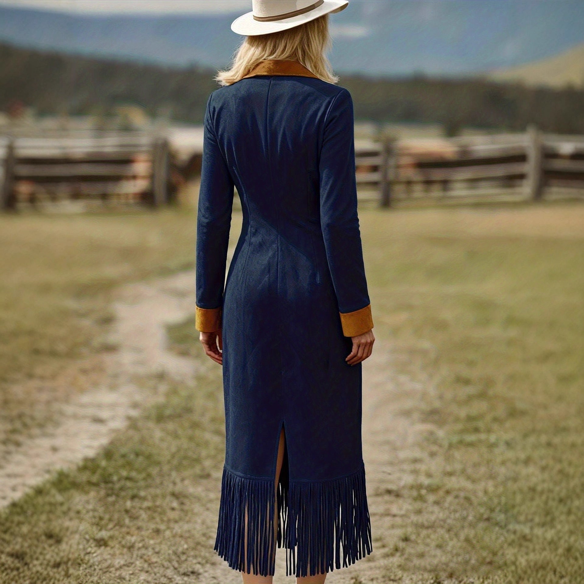 Denim Zip-Front Fringe Midi Dress With Faux Suede Collar And Cuffs