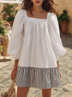 Retro Square Neck Loose Striped Ruffle Mini Dress