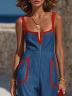 Chic Resort Red Trim Blue Cotton-linen Wide-leg Jumpsuit