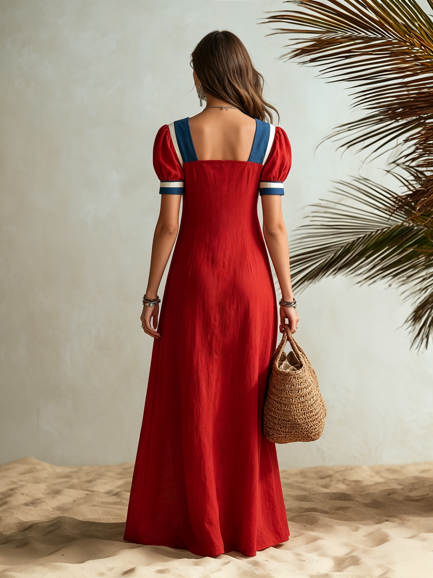 Vacation-style Short-sleeve Square-neck Button-front Maxi Dress
