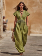 Minimalist Resort Linen Blend Solid Olive Green Deep V Cap Sleeve Gathered Waist Wide Leg Maxi Jumpsuit
