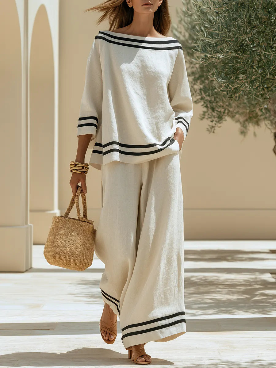 Old Money Black Webbing-Trim Boat Neck Top And Wide-Leg Pants Cotton-Linen Set
