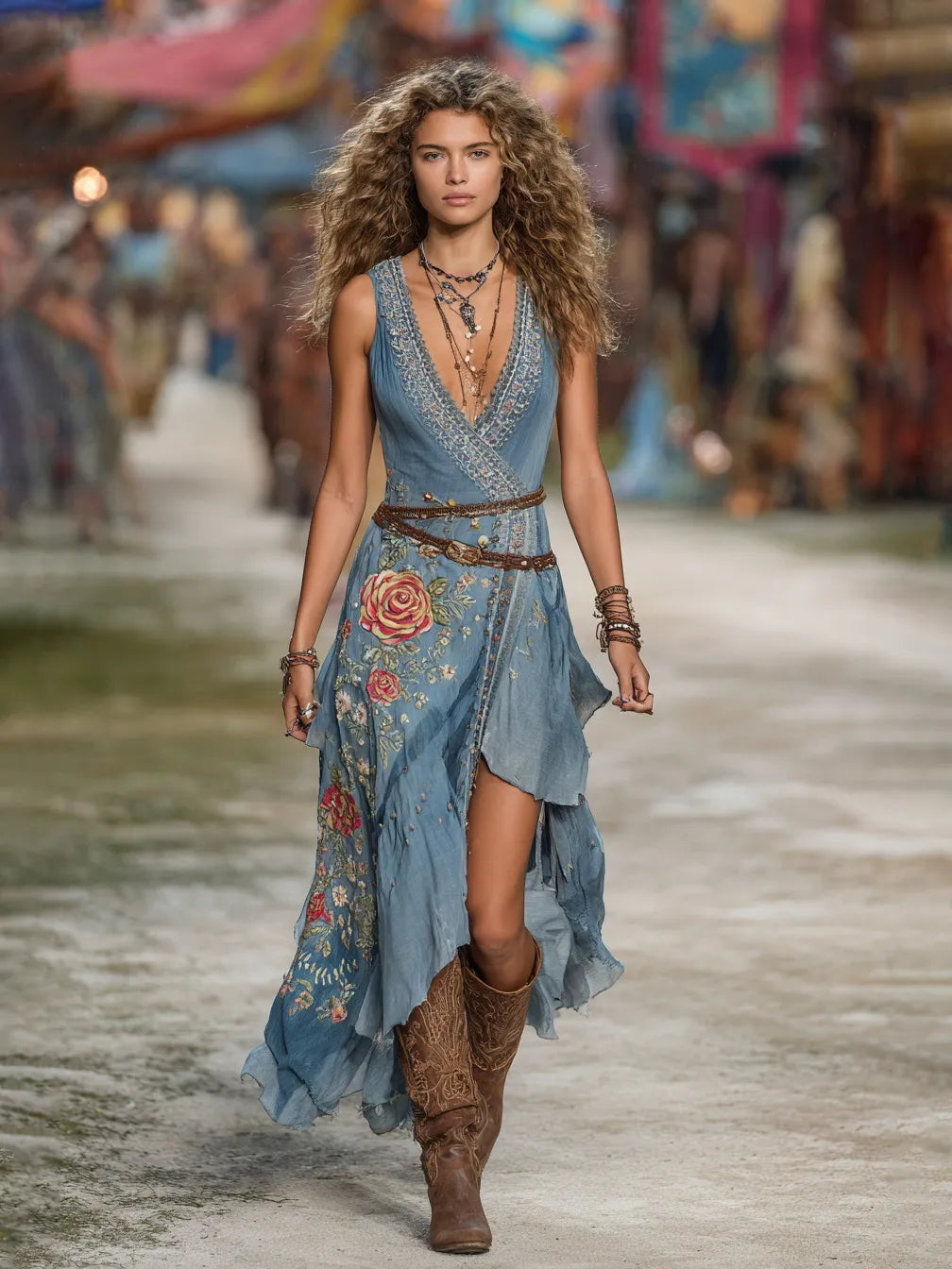 Denim Floral Embroidered Boho Maxi Dress With Deep V-Neck And Asymmetric Hem