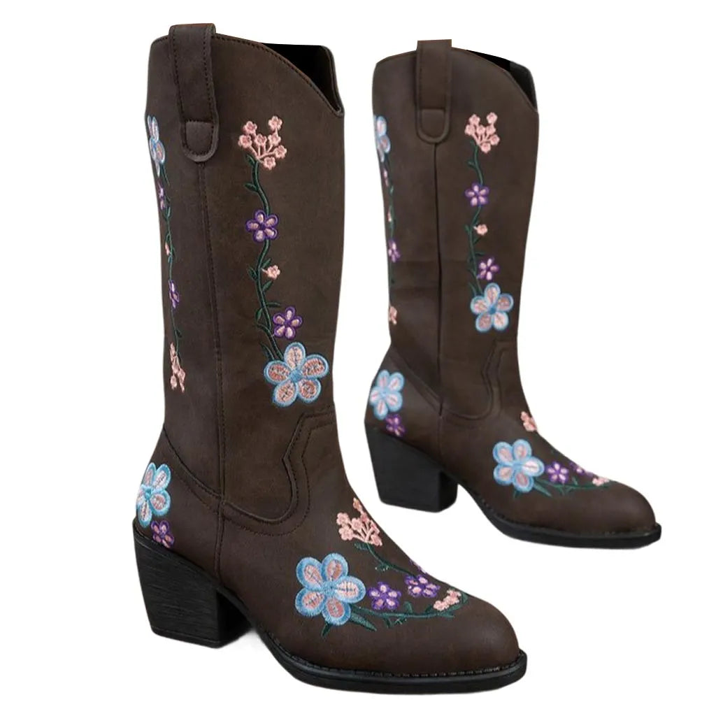 Women's Western Cowgirl Leather Floral Embroidered Mid-calf Solid Color Thick Heel Knight Boots