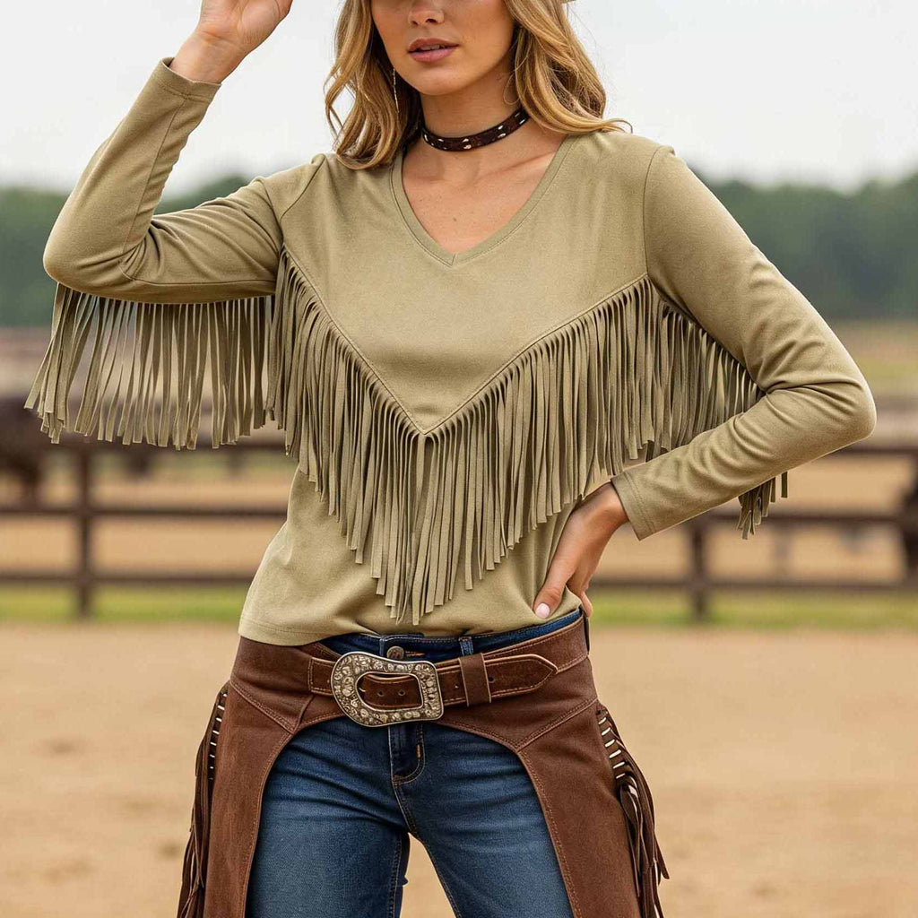Women's Vintage Western Cowgirl Tassel Khaki V-Neck Long-Sleeve T-Shirt