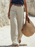 Vacation-style Dark Blue Sleeveless Shirt And Striped Wide-leg Trousers Set
