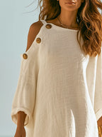 Old Money Style Off-Shoulder Three-quarter Sleeve Off-White Cotton-Linen Maxi Dress