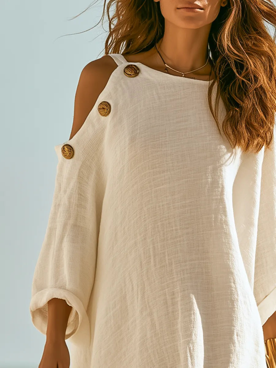 Old Money Style Off-Shoulder Three-quarter Sleeve Off-White Cotton-Linen Maxi Dress