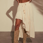 Western Spring Outfits Cotton Linen Blend High Low Tiered Maxi Skirt With Drawstring Waist And Tassel Detail