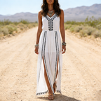 Boho Embroidered Chiffon Maxi Dress With V-Neck And Side Slits For Women Summer Beach Wear