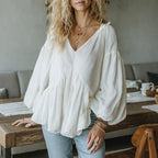 Women's Elegant Loose Comfortable Breathable Pleated Linen V-neck Puff Sleeve Top