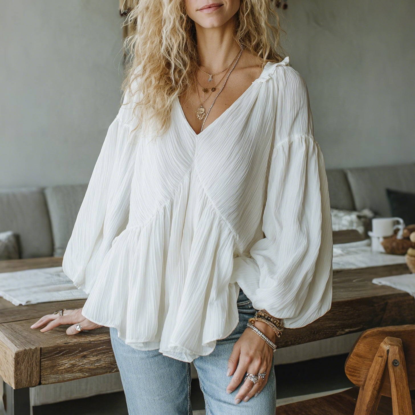 Women's Elegant Loose Comfortable Breathable Pleated Linen V-neck Puff Sleeve Top