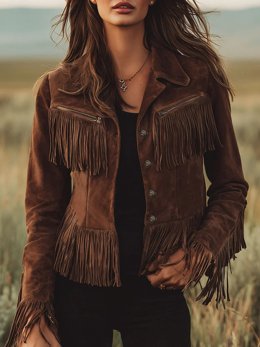 Western Cowgirl Outfit Women's Boho Fringe Leather Jacket