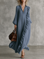 Ruffle Trim V-Neck Long Sleeve Maxi Dress