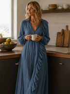 Ruffle Trim V-Neck Long Sleeve Maxi Dress