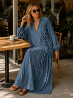 Ruffle Trim V-Neck Long Sleeve Maxi Dress