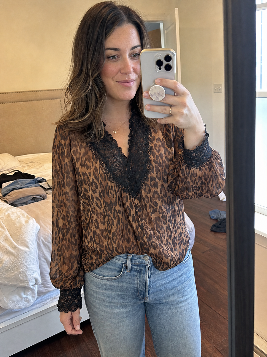 Boho Luxe Leopard Lace Trim Chiffon Blouse Top