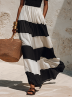 Chic Vacation Off-Shoulder Black And White Striped Chiffon Maxi Dress