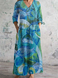 Women's V-Neck Spring And Summer Ocean Art Print Cotton And Linen Pocket Dress