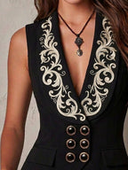 Retro Black Shawl Lapel Embroidery Double Breasted Waistcoat