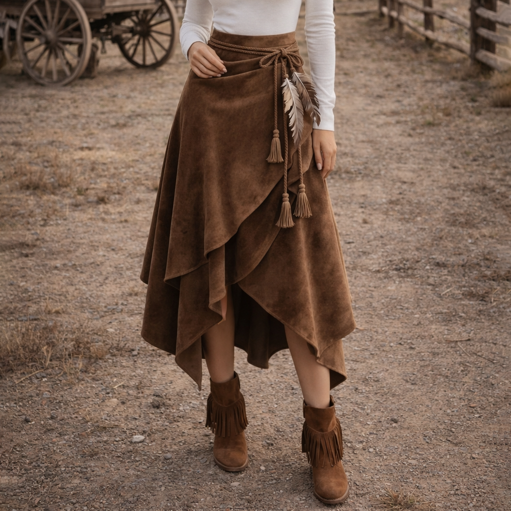 Retro Western Style Irregular Design Suede Skirt