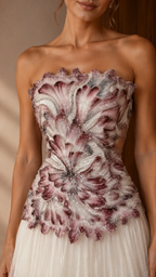 Strapless Appliqué Tulle Evening Gown - Pleated A-Line Formal Maxi Dress
