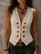 Boho Romantic Cream Floral Lace Double Breasted Corset Vest