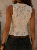 Boho Romantic Cream Floral Lace Double Breasted Corset Vest