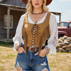 Women's Vintage Boho Chic Fringe Vest With Lace Sleeves Shirt
