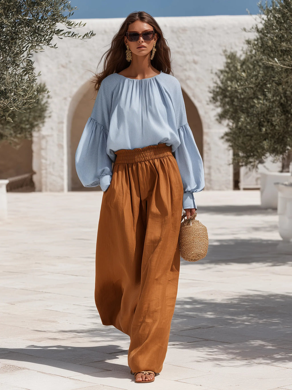 Cycladic Resort Blue Pinstripe Cotton Blouse Elastic High Waist Rust Linen Blend Wide Leg Two-Piece Set