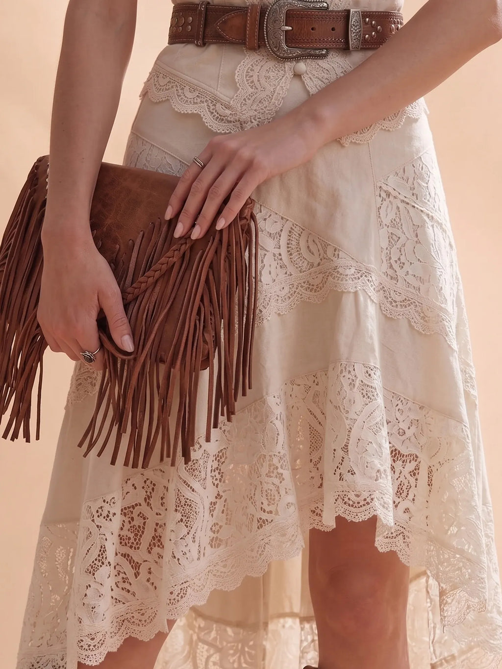 Western Dress — Cream Two-Piece Look Lace Patchwork Midi Dress