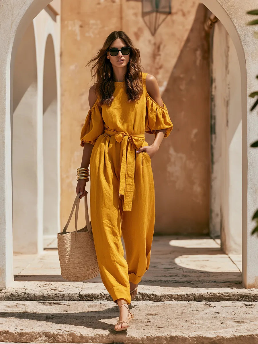 Old Money Off-Shoulder Short-Sleeve Yellow Cotton-Linen Jumpsuit