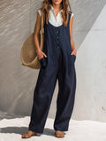Leisure And Vacation Front Button Dark Blue Cotton Wide-leg Overalls