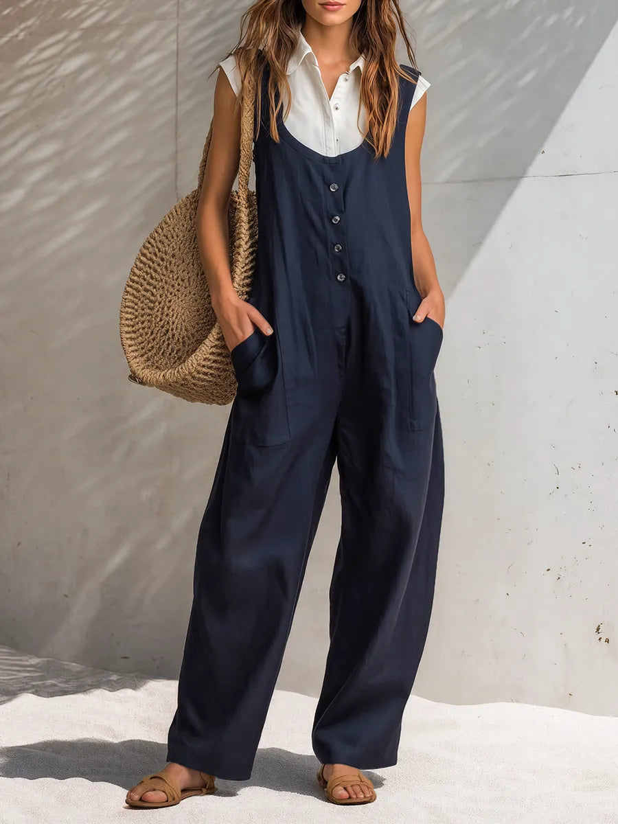 Leisure And Vacation Front Button Dark Blue Cotton Wide-leg Overalls